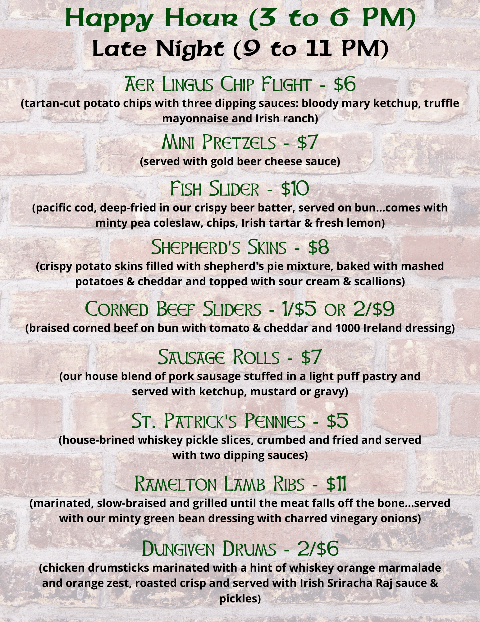 Food Menu Rancho Mirage, CA O'Caines's Irish Pub