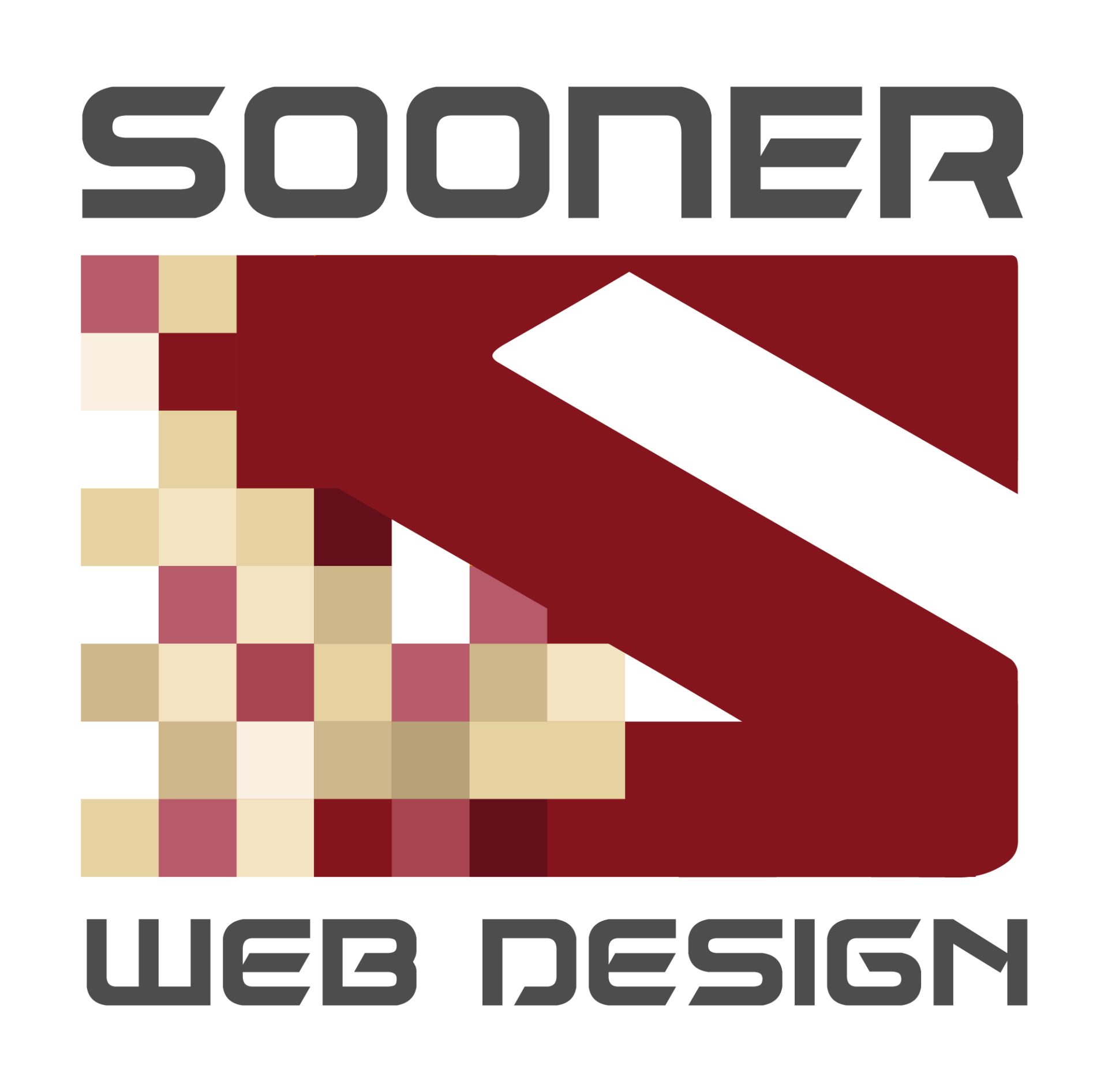 A logo for sooner web design with a checkered background