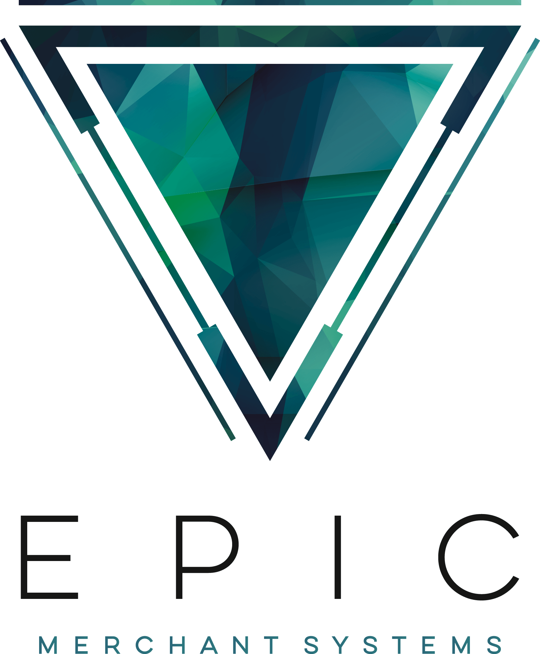 A logo for epic merchant systems with a triangle in the middle