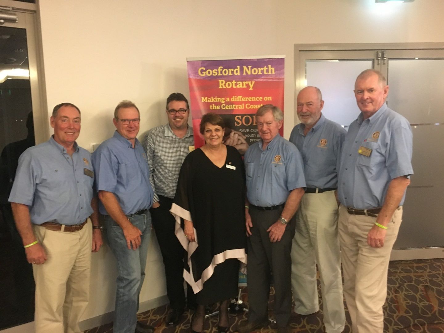 Launch of Mind Your Sports Mates Project - L-R: Lester Pearson OAM, Chair SOKS Team, Mark Leary, SOKS Team member and Gosford North Rotary President, Robert Sams, Executive Director, Lifeline Direct, Dr June Anderson, Training Manager, Lifeline Central Coast, SOKS Team members Lance Harrigan, Peter Hamilton and Warren Mills.