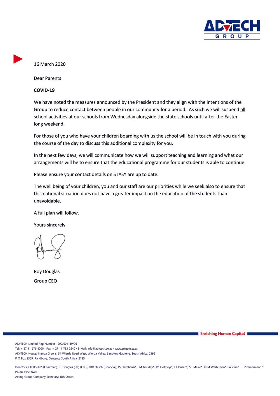 COVID19 Letter to Parents Schools