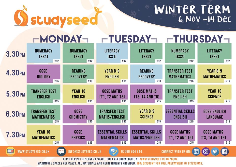 Studyseed Winter Timetable - Craigavon after-school classes and tuition