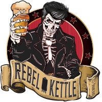 Rebel Kettle Logo of skull with leather jacket on holding a beer
