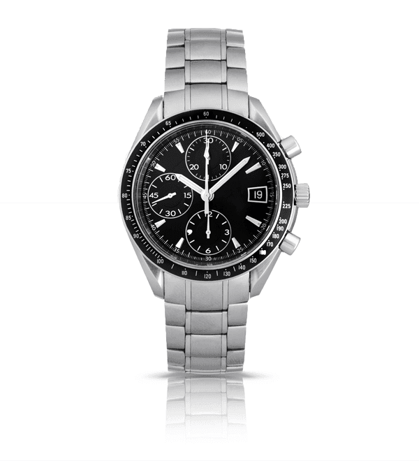 silver watch with black face and three complications