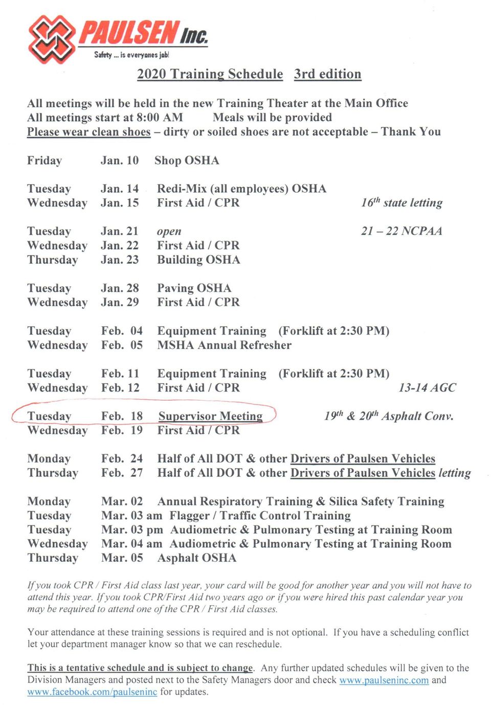 WINTER SCHEDULE