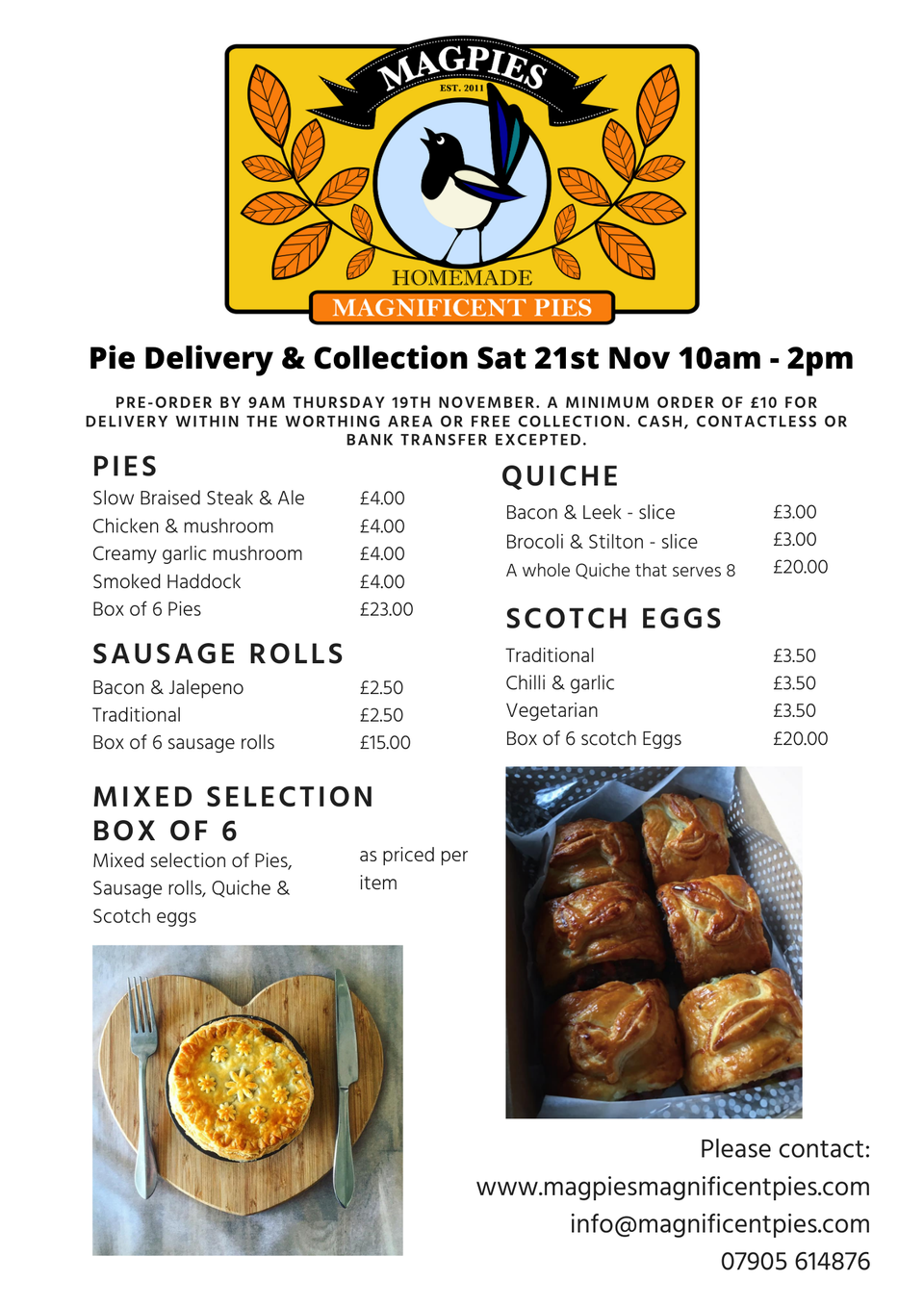 Independent bakery based in Worthing. Hand made pies, quiches, scotch