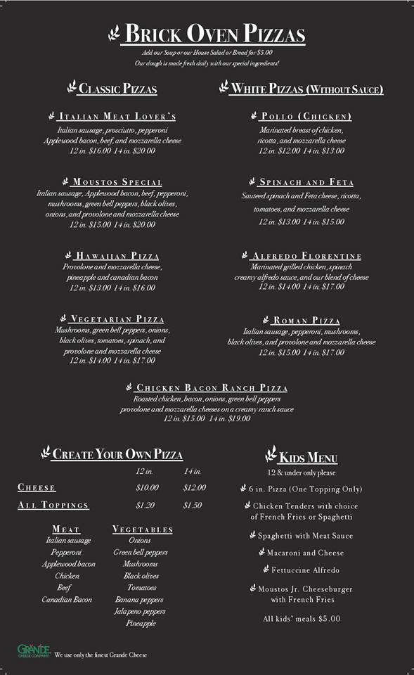 Moustos Pasta & Grill Italian Restaurant Menu Union City, TN