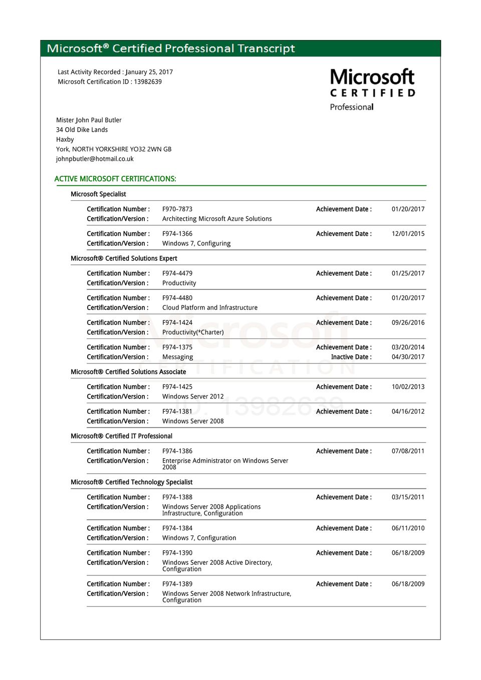 Microsoft certification transcript