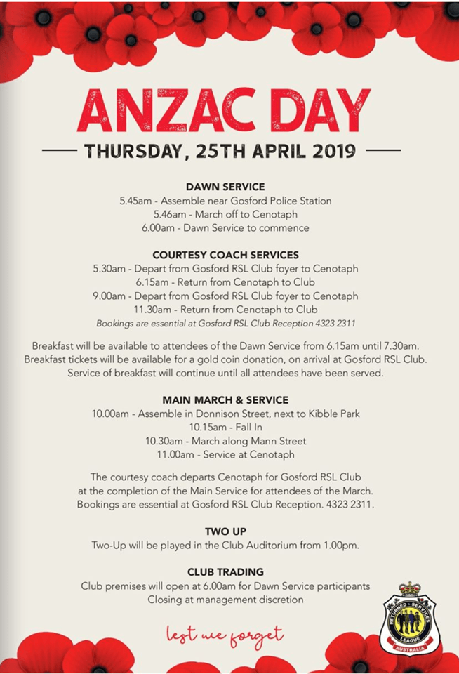 Anzac Day Services and Road Closures on the Central Coast
