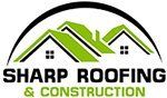 The logo for sharp roofing and construction shows a house with a green roof.