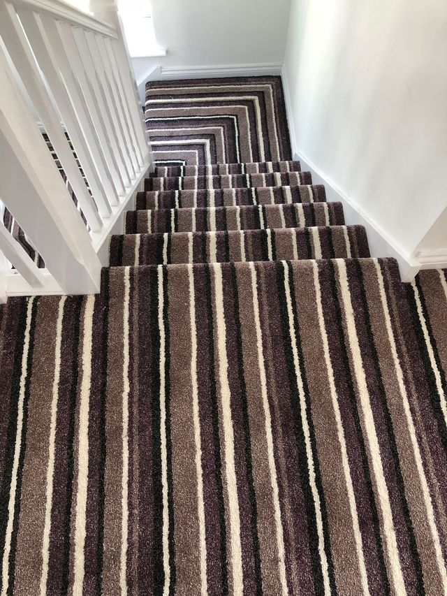 Vogue By Brockway Carpets Opulence Stripe On The Stairs With Morello On The Landing Carpet Stairs Striped Carpets Stairway Carpet