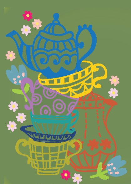 Old Dairy Tearoom logo - tower of higgledy piggledy teacups, saucers and teapots