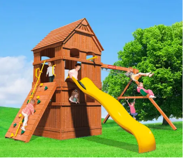 wooden double swing and slide set