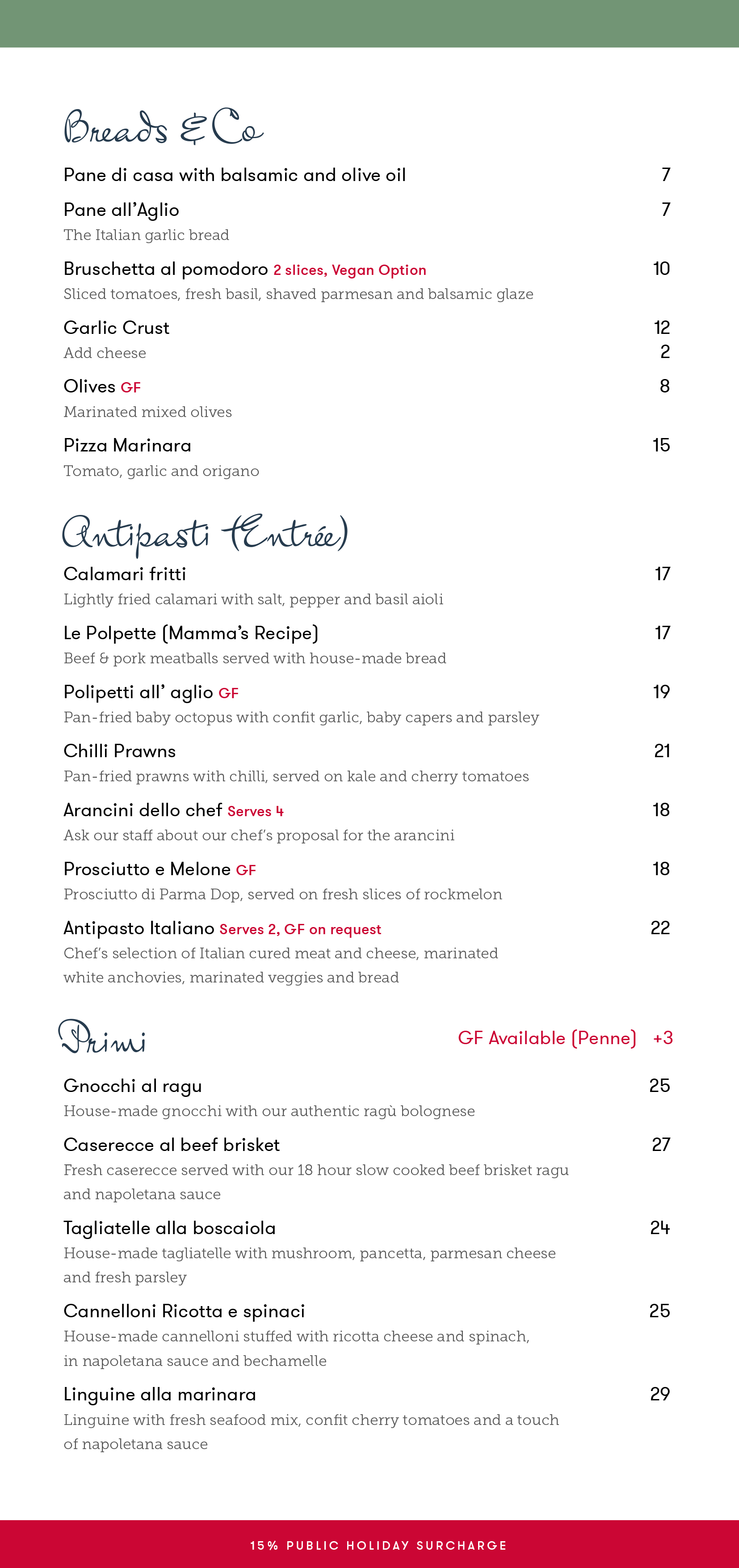 Menu | Bella Italia