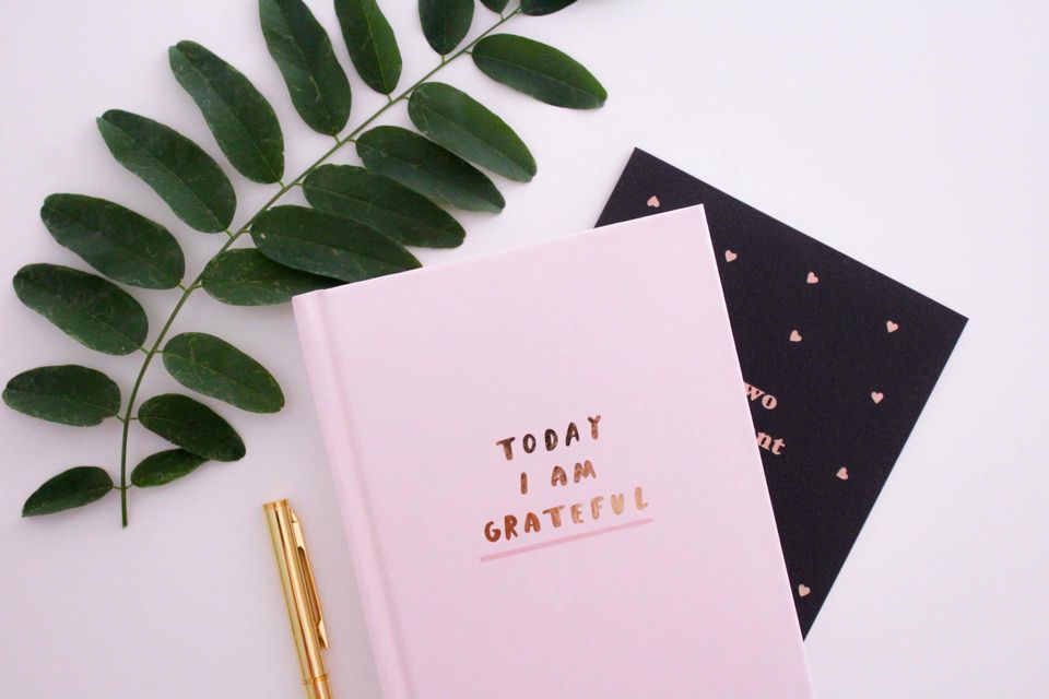 A sprig of green beside a gold pen and pink gratitude journal that says, "TODAY I AM GRATEFUL." 