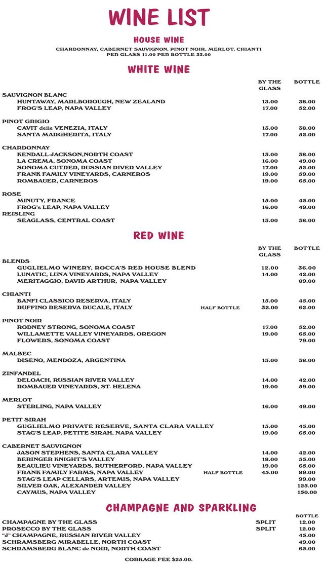 wine list menu