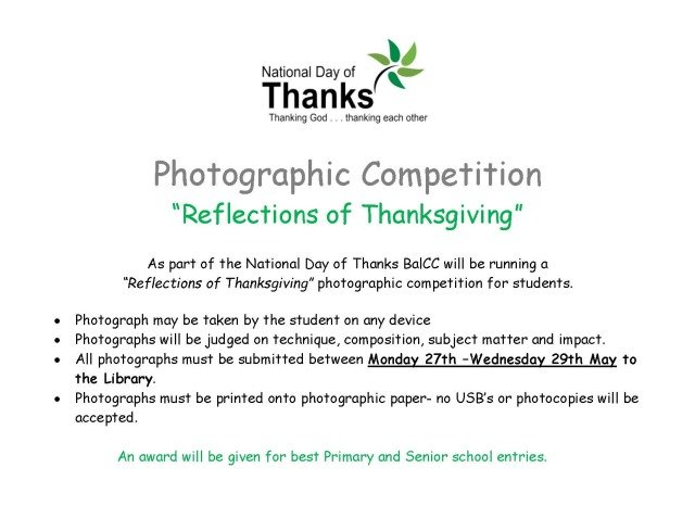 National Day of Thanks 2019 Photo Competition for BalCC students