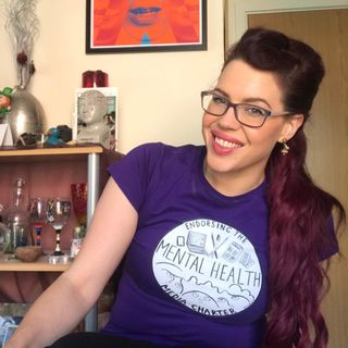 natasha wearing a mental health media charter t-shirt