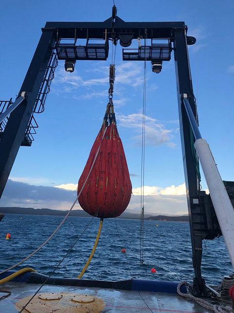 large red net hanging on boat