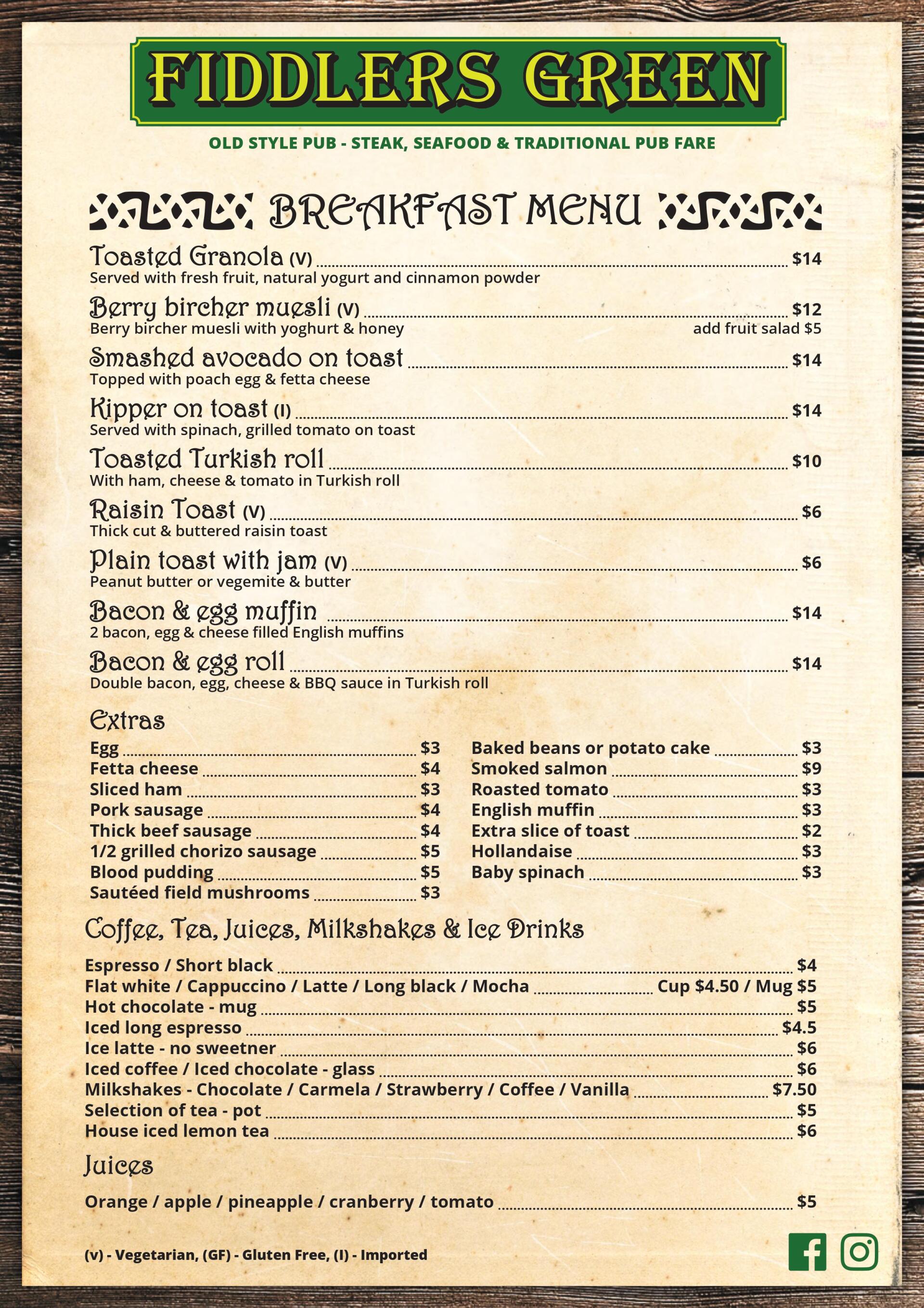 Fiddler's Green Darwin Menus
