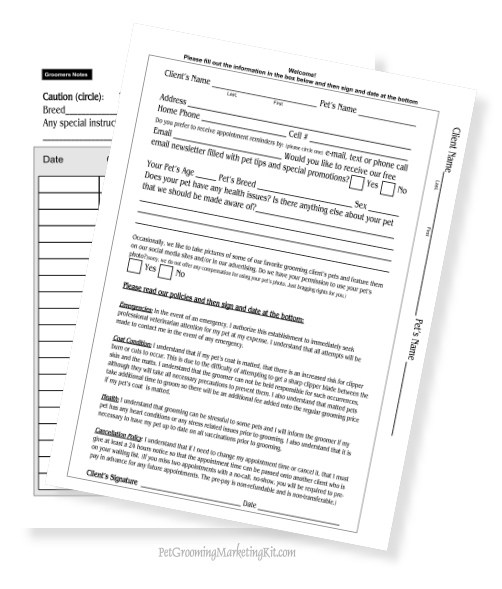 Grooming client pet release form kennel card