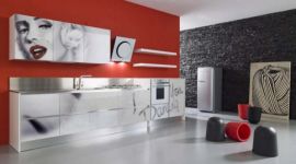 cucina moderna, pensili con immagini stampate, cucina lineare