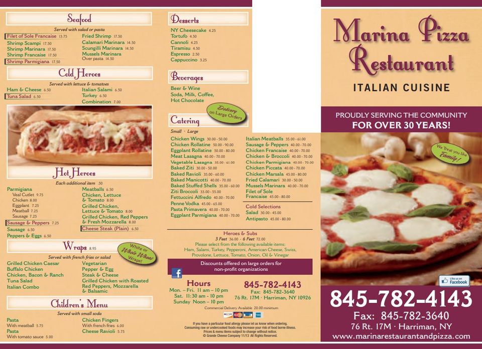 Authentic pizza menu Harriman, NY Marina Restaurant &amp; Pizza