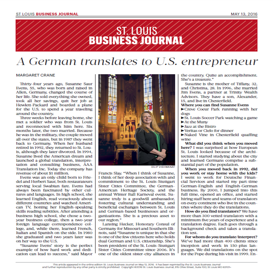 St. Louis Business Journal Feature Article about AAA Translation and
