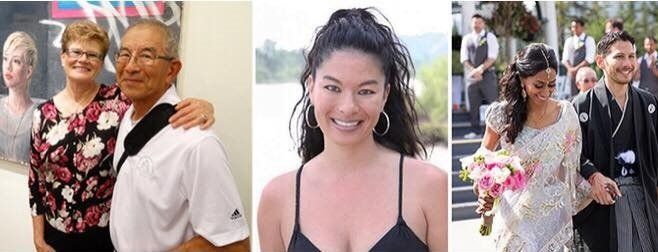 The lovely family Okamura: Tim’s parents, Ruby and Mas at the Depicted/Connected opening; sister Julie and brother Kevin with his bride, Melissa on their wedding day. 