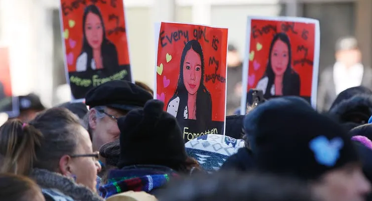 Family and supporters of Thelma Favel, Tina Fontaine’s great-aunt and the woman who raised her, march on Friday, Feb. 23, 2018, in Winnipeg the day after the jury delivered a not-guilty verdict in the 2nd degree murder trial of Raymond Cormier.