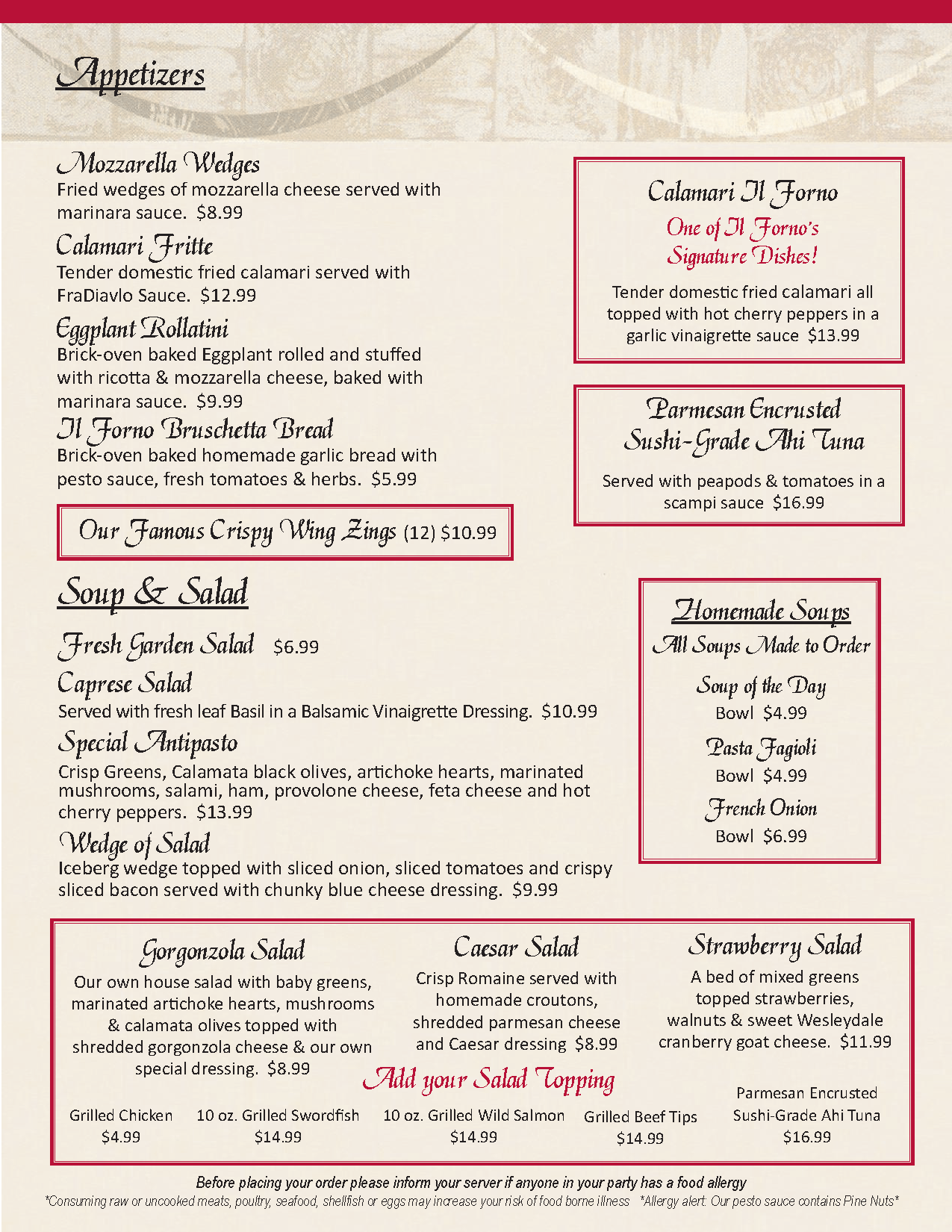 Dining Restaurant Menu Littleton, MA - Il Forno Restaurant & Catering