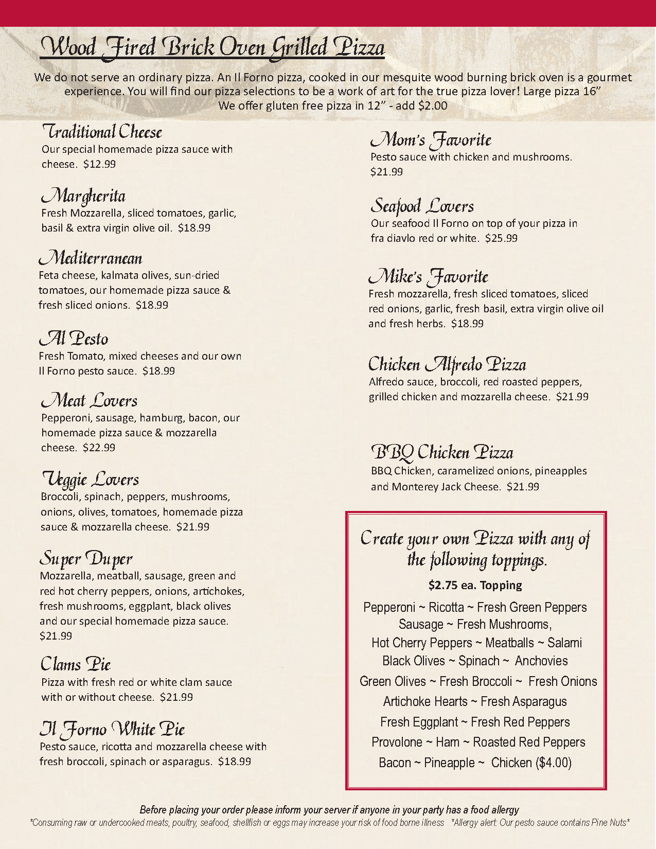 Dining Restaurant Menu Littleton, MA - Il Forno Restaurant & Catering
