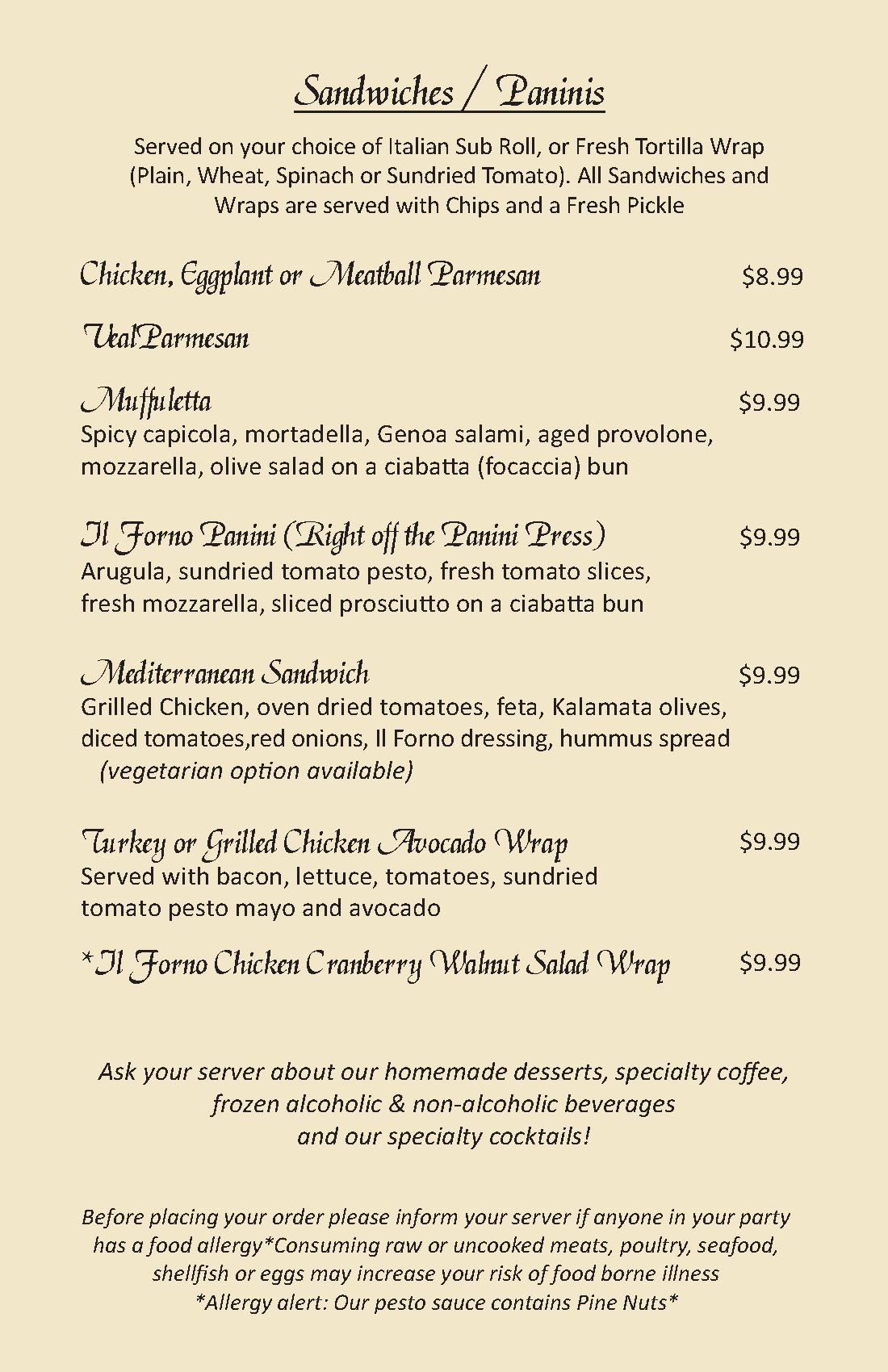 Lunch Special Menu Littleton, MA Il Forno Restaurant & Catering