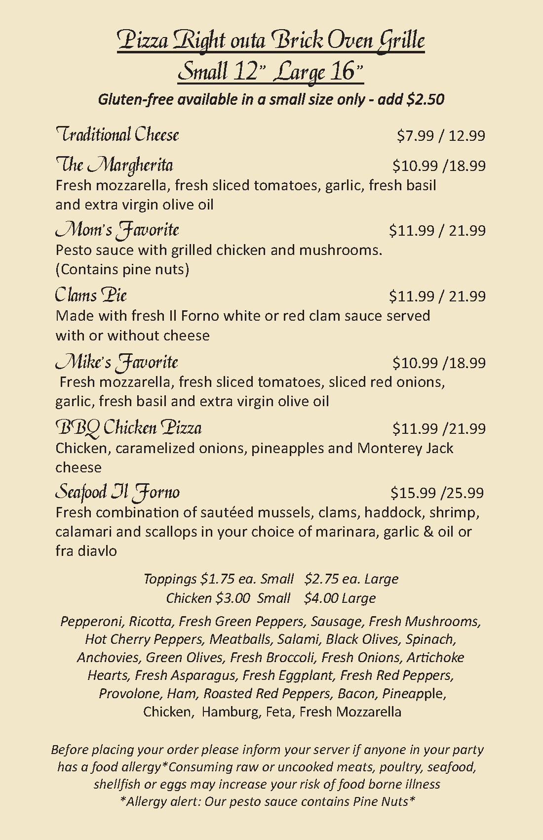 Lunch Special Menu Littleton, MA - Il Forno Restaurant & Catering