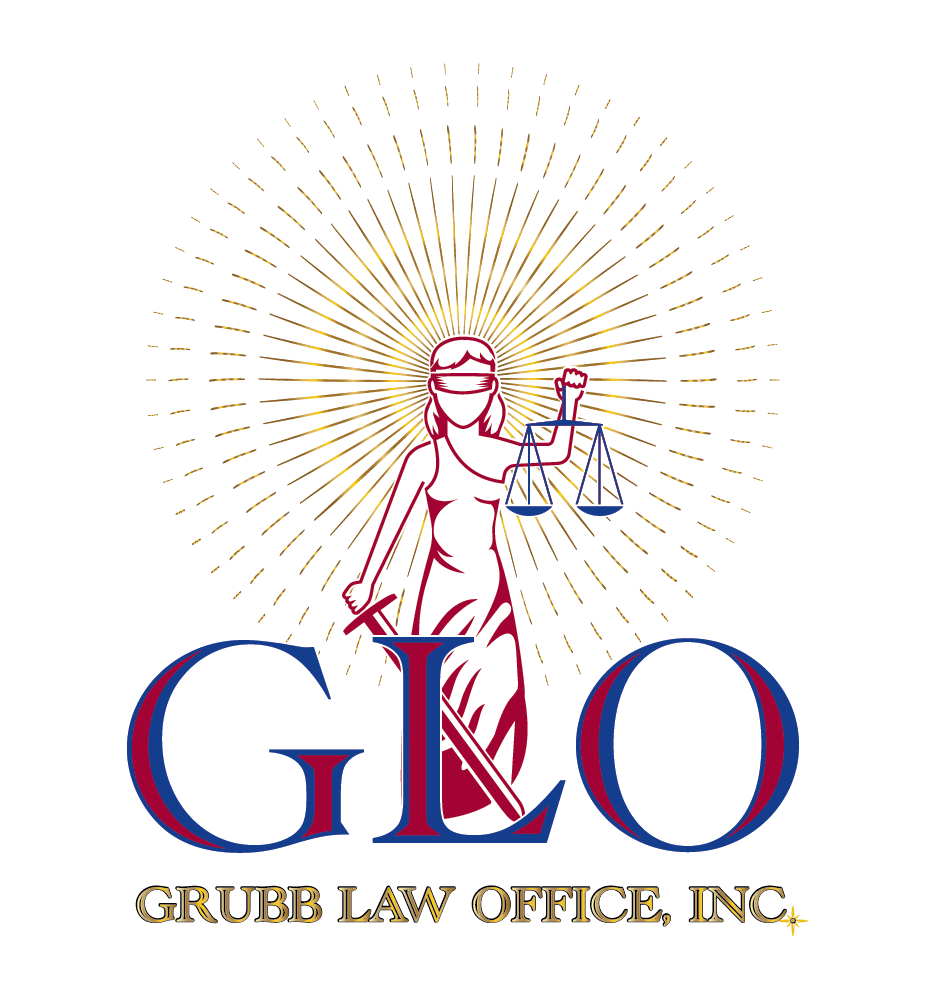 a logo for grubb law office inc. with a lady justice holding scales of justice