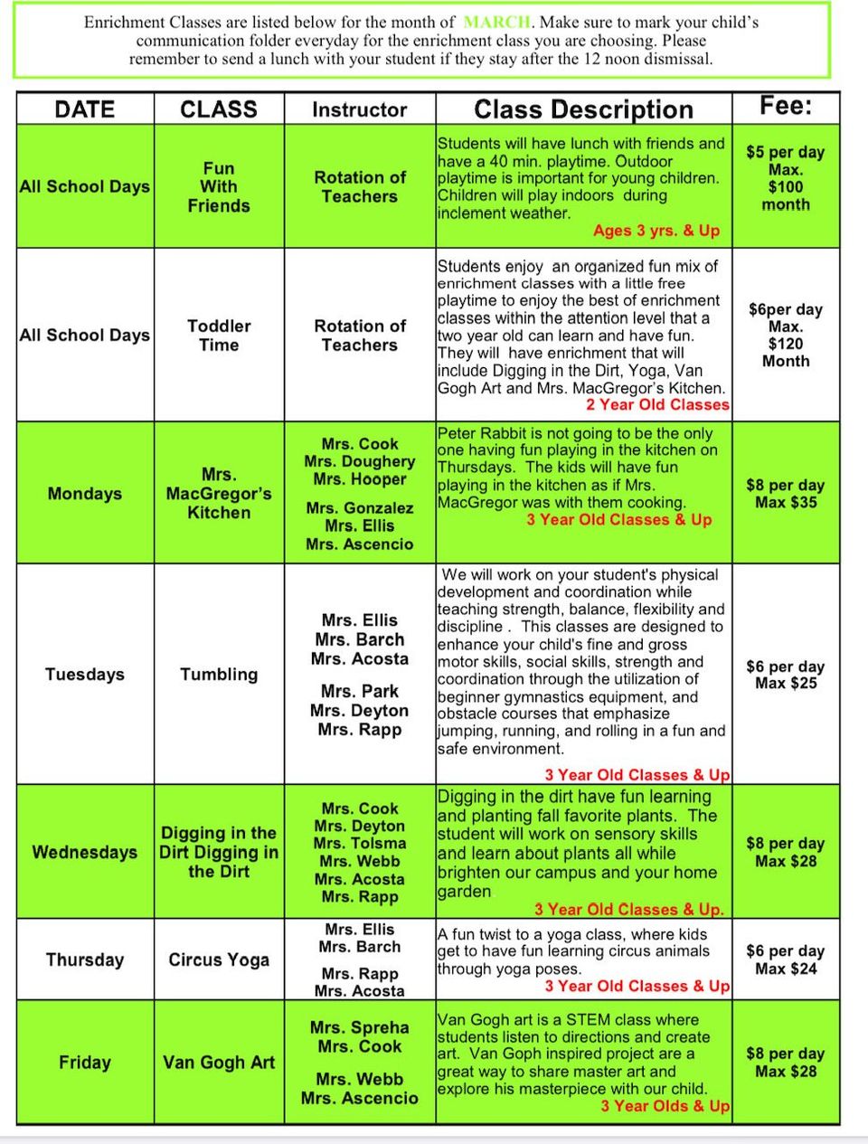 Enrichment Classes Sample Month To Let You See What It s Like 