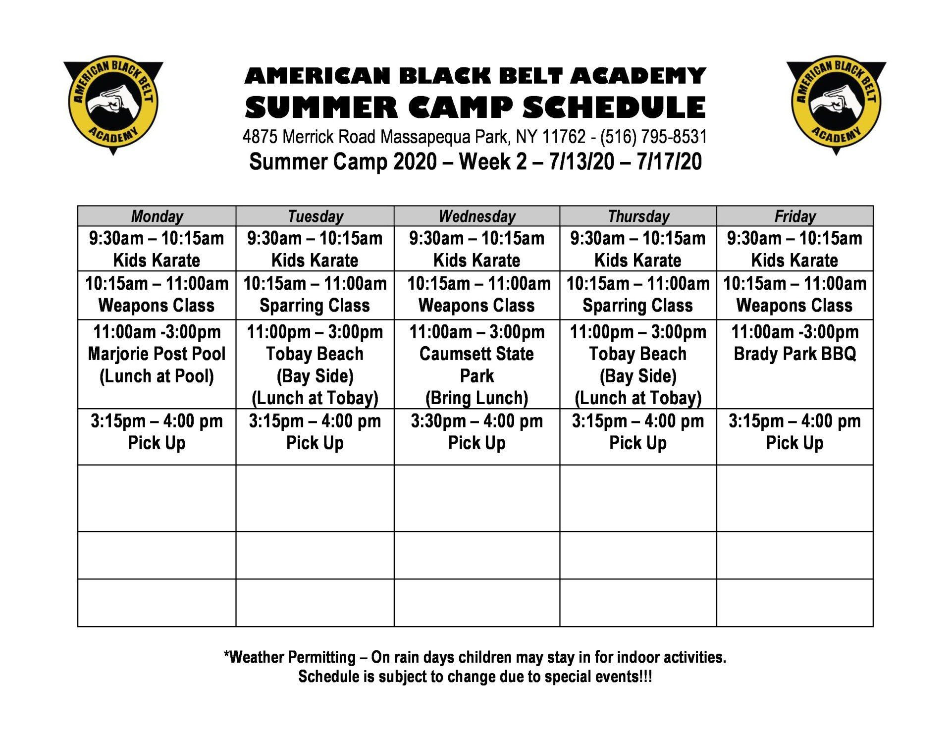 Summer Camp Schedules Kids Karate & Jiu Jitsu Massapequa Park, NY