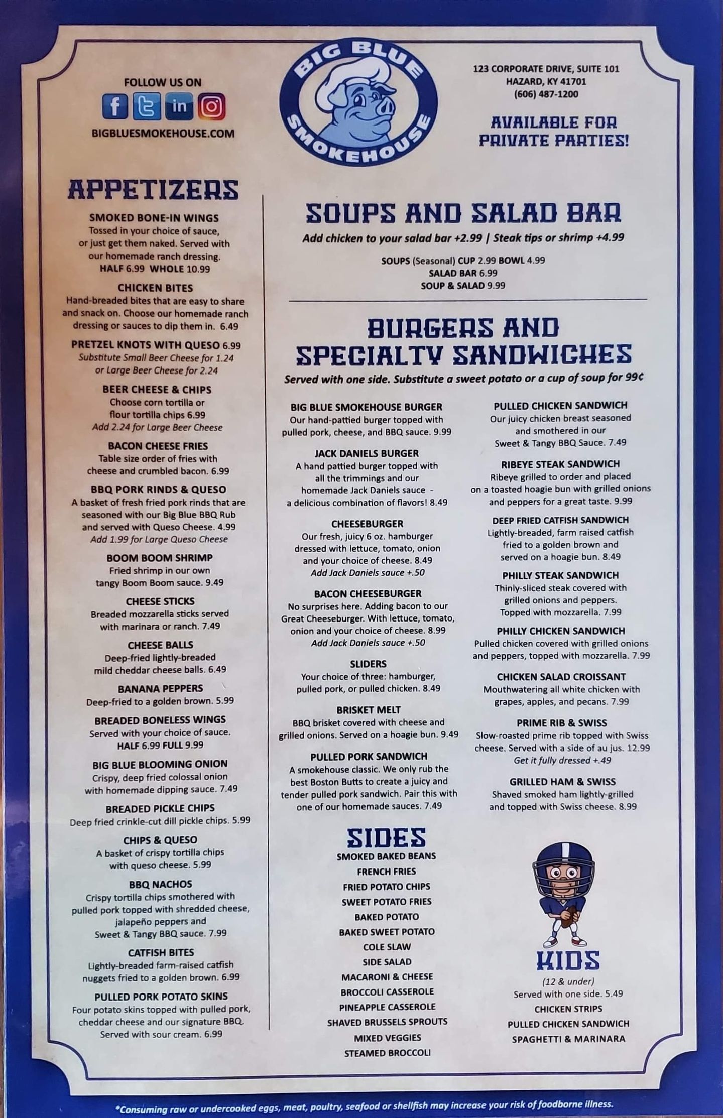 Bbq Menu Hazard, KY Big Blue Smokehouse