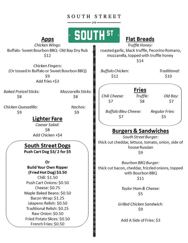 Food Menus South Street Bar Restaurant In Morristown Nj